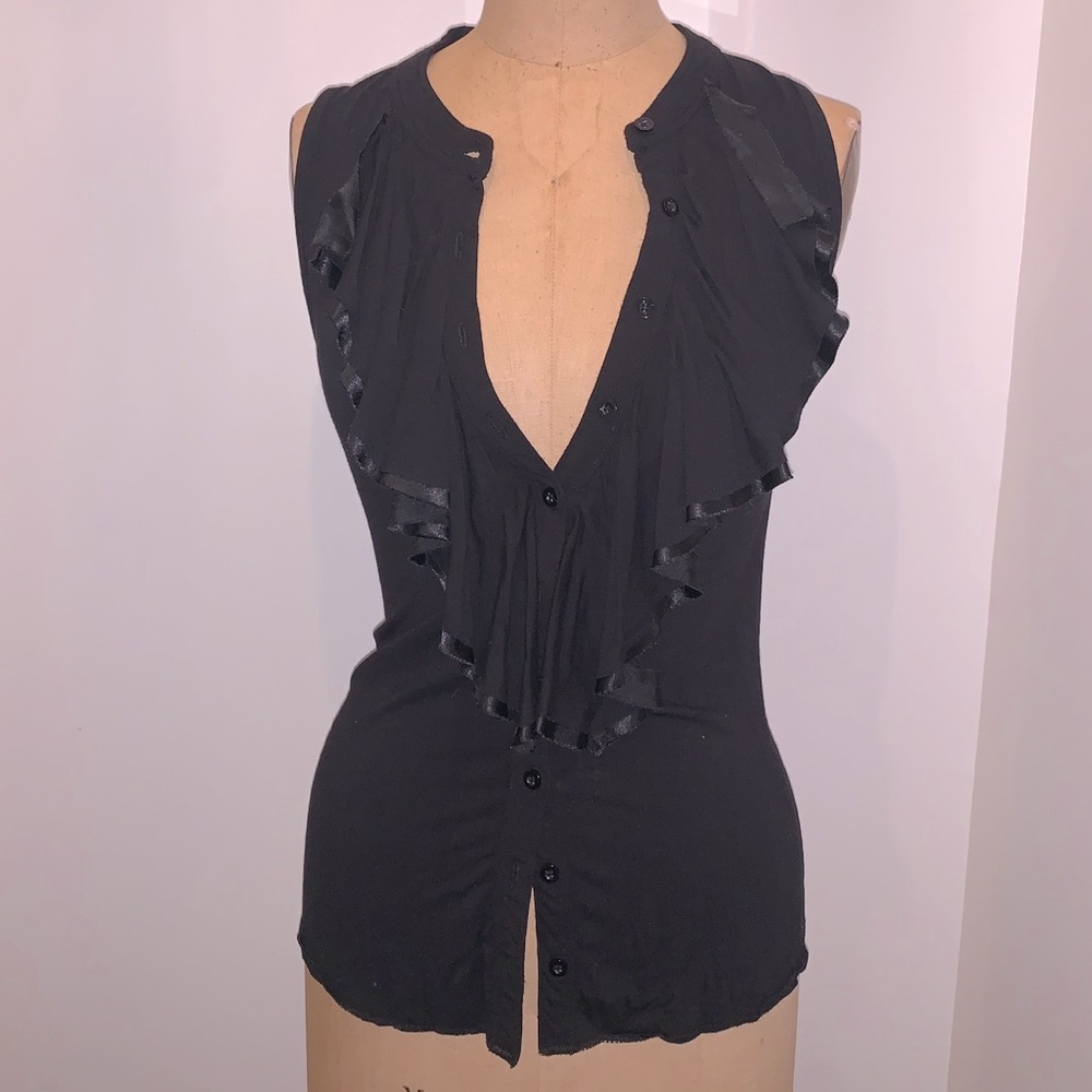 BCBG Black Button up Ruffle Top M - Picture 1 of 5